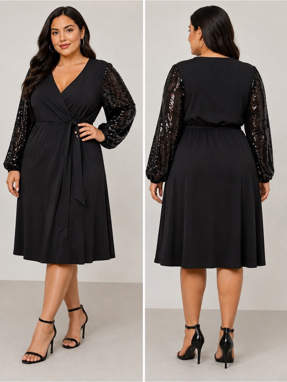 NWT Robbie Bee Black Sequin Sleeve Faux Wrap Dress 1X Party Cocktail $99